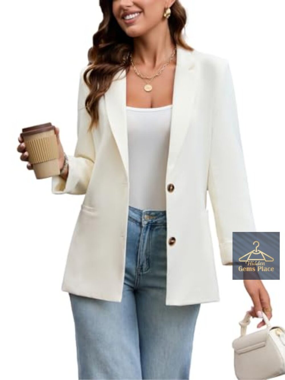 Women Business Casual Blazer, 3/4 Sleeve Work Office Jacket with Pockets,